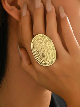 1 pieza Anillo ovalado de lujo y moda exagerada, personalizado, de alta gama y textura retro, adecuado para uso diario de mujeres