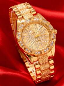 4pcs Luxury Women's Quartz Watch Set, Women's Gold Accessories Full Crystal Jewelry Set (Including Full Crystal Metal Strap Quartz Watch, Infinity Symbol/Heart/Crystal Bracelet), Featuring Full Gold & Full Crystal Design, Combining Elegant Infinity Symbol And Heart Decorative Elements. - Gold - View 8
