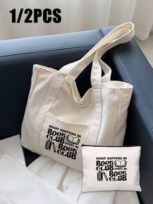 手提包和配套化妆包，书本图案，印有“BOOK CLUB”字样，简约购物袋，米色休闲款，便携式洗漱包，书包，大容量，便携，适合青少年女孩、女性、大学生、白领，完美适用于工作、返校、中学、高中、大学、假期、教师节礼物、生日礼物（送给家人和朋友）、圣诞节、情人节。 - 彩色 - 查看 1