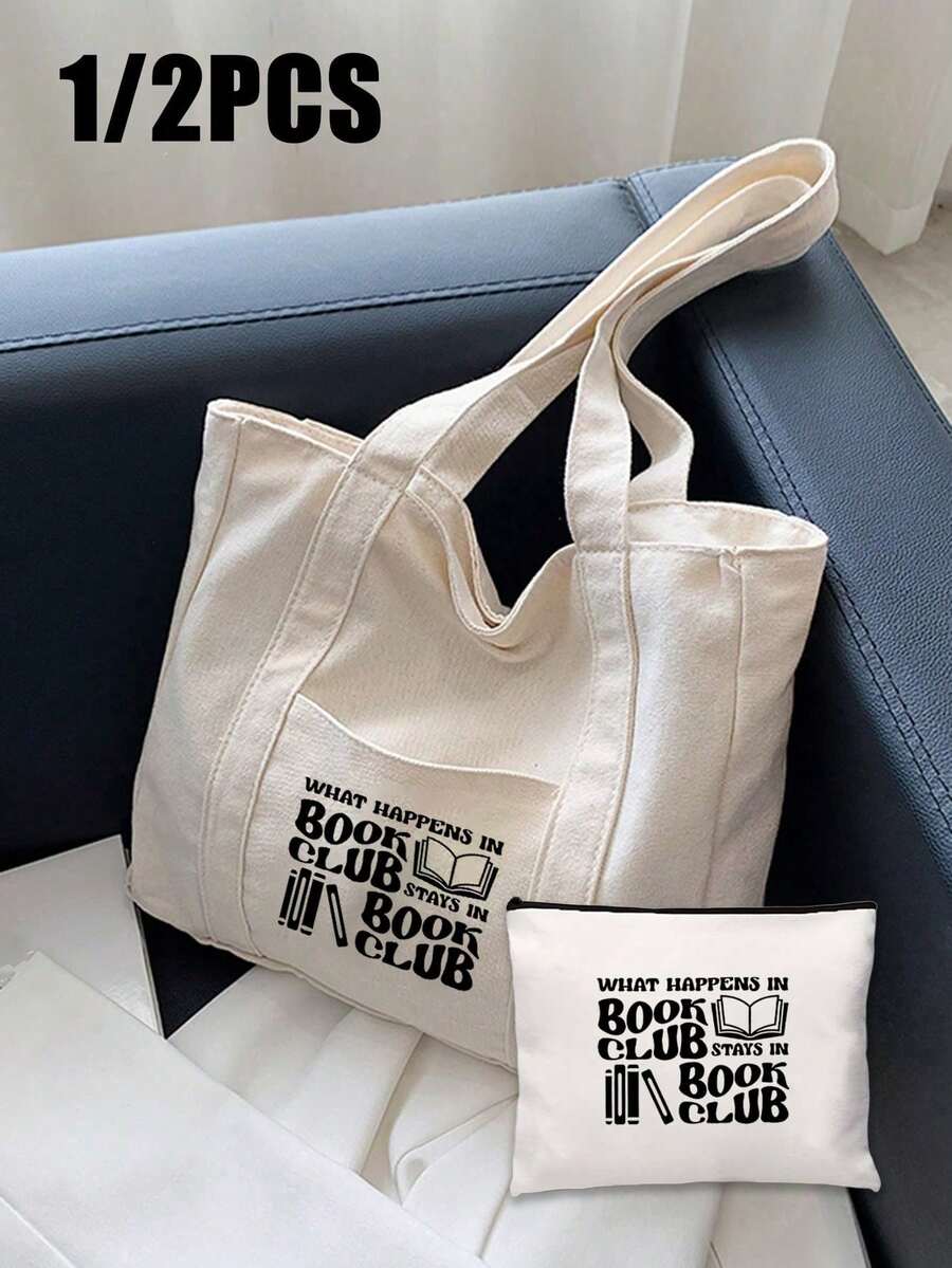 手提包和配套化妆包，书本图案，印有“BOOK CLUB”字样，简约购物袋，米色休闲款，便携式洗漱包，书包，大容量，便携，适合青少年女孩、女性、大学生、白领，完美适用于工作、返校、中学、高中、大学、假期、教师节礼物、生日礼物（送给家人和朋友）、圣诞节、情人节。 - 彩色 - 查看 1