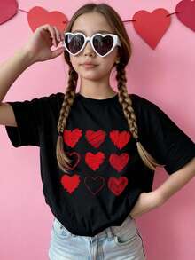 女童卡通爱心印花短袖T恤，女童夏季圆领衬衫 - 黑色 - 查看 1
