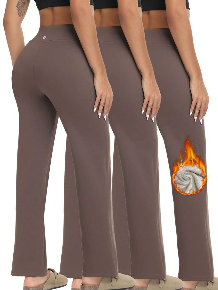 3 Pieces Of Women's Casual Solid Color Drawstring Waist Sports Pants, Women's Solid Color Thermal Insulation Pants, Sports Yoga Pants, Casual Sports Pants, Outdoor Sports Pants, Wide Leg High Waist Side Pocket Casual Pants, Autumn And Winter Daily Casual Graduation And School Clothes, Female Teacher Clothes - 咖啡棕 - 查看 1