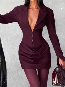 Elegant Party Mini Dress, Women's Deep V-Neck Long Sleeve Fitted Style, Button Front, Wine Red Knit Fabric With Stretch Spring - Purple - View 16