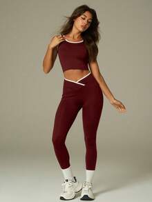 UONNOU مجموعة رياضية للنساء تتكون من 2 قطعة، ملابس علوية بدون أكمام وسروال ضيق، تتميز بتصميم رفع الأرداف على شكل خوخ وخصر ضيق، قماش ناعم ومريح، مناسب للتنس والجولف والريشة والكرة والرياضات الأخرى كاليوغا والبيلاتس والتمارين الخفيفة والجيم والجري والأنشطة الخارجية والتنقل والعمل والتسوق وأوقات الرياضة المختلفة، مجموعة رياضية عصرية بدون غرز، مناسبة لجميع الفصول - عنابي اللون - مشاهدة 10