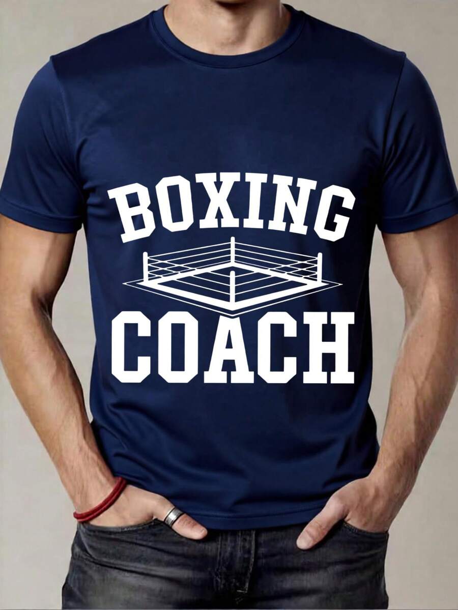 Black Short Sleeve T-Shirt With Boxing Ring Print And Boxing Text For Boxing Coaches - Navy Blue - View 1