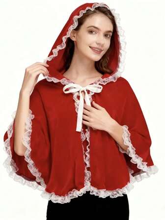 Party Performance Festival Costumes, Christmas-Style Red Hooded Lace Cape, Cute And Sweet Halloween, Carnival Cosplay, Little Red Hat With Cape, Carnival, Event Styling Accessories, Party Gathering