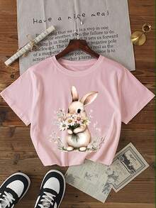 牛奶丝常规T恤，简约时尚休闲日常穿着 - 粉色 - 查看 1