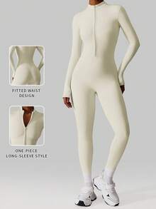 MFVIM Women's Cream White Thermal Ski Jumpsuit, Half-Zip Stand Collar Design, Slim Fit, Abdominal Control, Breathable Soft Fabric, Casual Sports, Running, Fitness, Suitable For Skiing, Commuting, Outdoor, Running, Cycling, Yoga, Pilates, Gym Workout