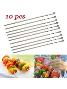 10PCS BBQ Barbecue Stainless Steel Grilling Kabob Kebab Flat Skewers Needle New - Silver - View 10
