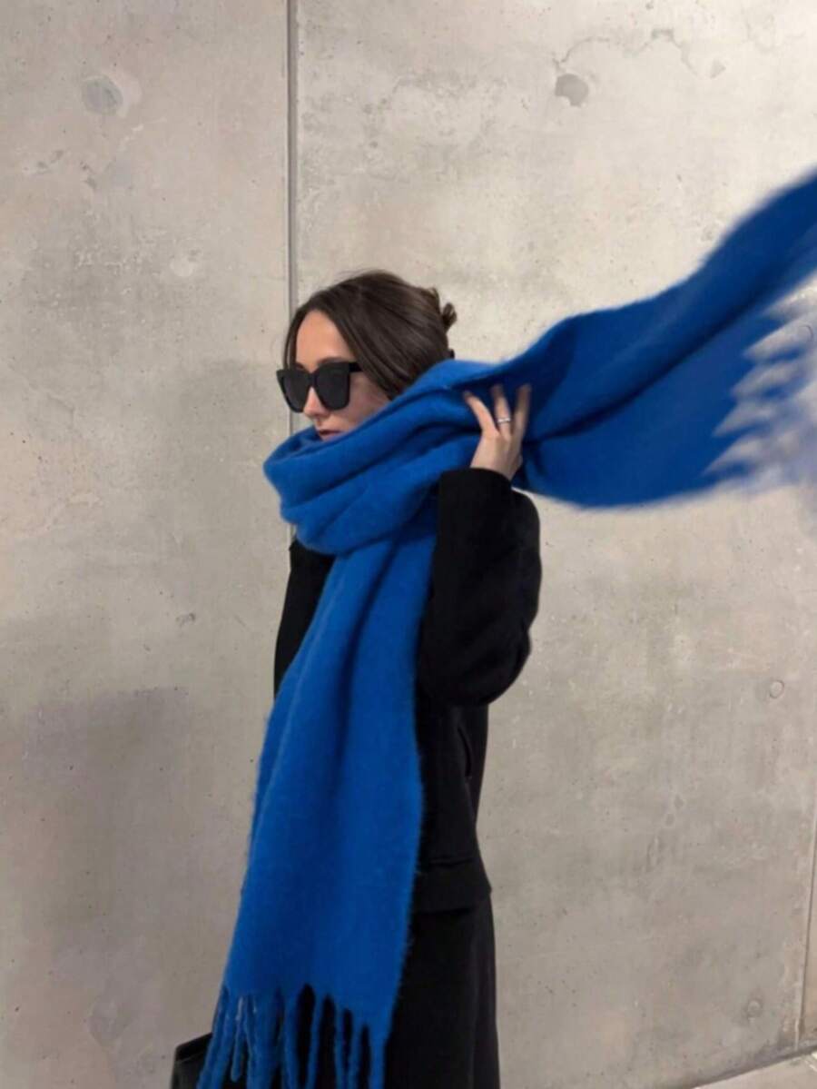 1 件装女士冬季围巾,马尾毛黑色仿羊绒披肩,加厚保暖,女士时尚纯色流苏拉绒围巾,户外女士披肩 - 棕色 - 查看 1