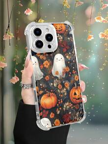 1 pieza Funda de teléfono con diseño de calabazas talladas y fantasmas sonrientes entre hojas otoñales, estilo divertido y festivo para temporada de Halloween, funda transparente resistente a golpes, ligera y con corte preciso, compatible con iPhone 17/16/15/14/13/12/11/XS/XR/X/PLUS/PRO/PROMAX, compatible con Galaxy A34/A35/A54/A55, Galaxy S20/S21/S22/S23/S24 Ultra/Plus, compatible con Moto/Galaxy/Redmi/Honor/OPPO, regalo de fiesta - transparente - Ver 6