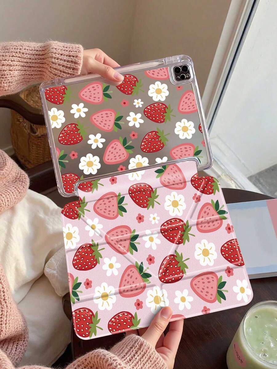 草莓白花图案 iPad 保护套，兼容 iPad Air 4/5（10.9 英寸）、iPad 7/8/9（10.2 英寸），内置 Apple Pencil 插槽，兼容三星 Tab S6（10.4 英寸）、Tab A7 Lite（8.7 英寸），兼容 Kindle（第 11 代，2022 年发布），硅胶加固边角，自动唤醒/睡眠功能，秋冬浪漫、圣诞节、情人节、新年礼物之选。