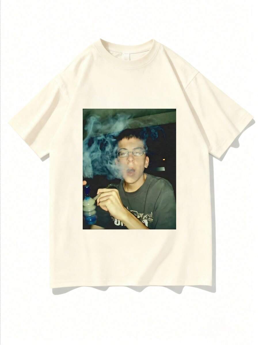 Mclovin Smoking Graphic Vintage Style ,Grunge Aesthetic Tee, Urban Streetwear Tee,Comfortable And Versatile,Letter Pattern Pure Cotton 220g Printed T-Shirt - 杏色 - 查看 1