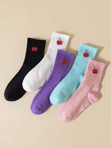5 Pairs Korean Cherry Women's Socks, Casual Sports Socks, Unisex Mid-Calf Socks - Multicolor - View 5