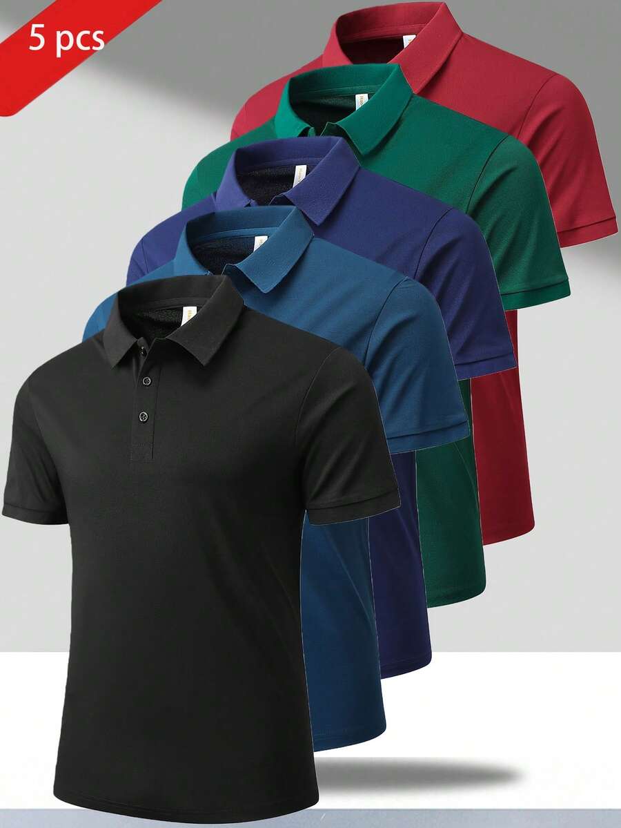 5件装男士柔软透气抗皱防起球高尔夫/运动/休闲短袖Polo衫，夏季必备 - 彩色 - 查看 1