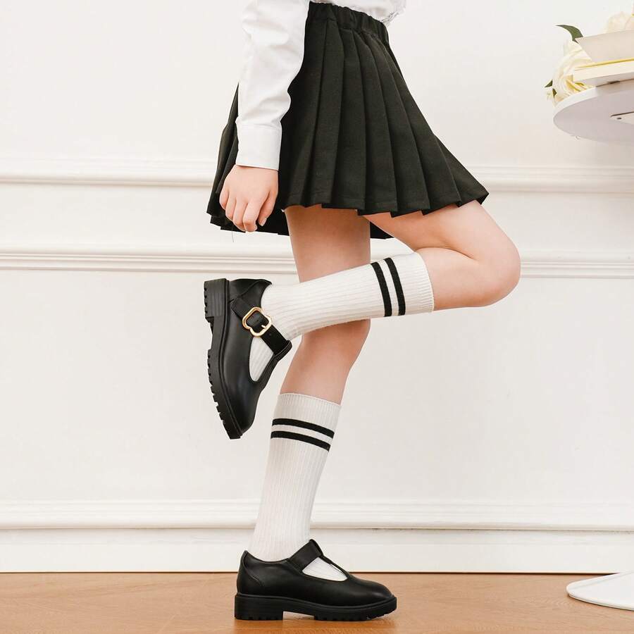 Girls Shoes School Mary Jane Uniform Dress Shoes Kids Loafers T-Strap Flats - 黑色 - 查看 1