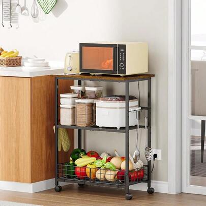 Rolling Kitchen Microwave Stand, 3-Tier Microwave Cart Table With Wood Top And Wire Basket, Coffee Bar Table On Lockable Wheels, Small Baker's Rack Shelf Organizer For Kitchen, Dining Room, Office