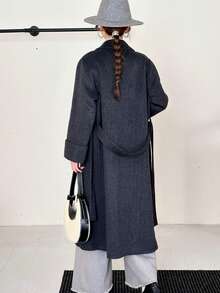 Women's Lapel Belted Double-Faced Wool Coat With Pockets, Suitable For Autumn/Winter - Black - View 3