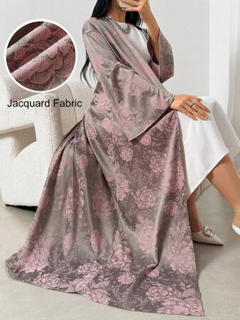 Bata árabe holgada de manga larga con estampado floral elegante para mujer, abaya árabe de jacquard, atuendo de fiesta, cárdigan elegante para fiesta, abaya de Año Nuevo, atuendo de San Valentín, atuendo de Año Nuevo