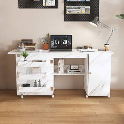 57.5" Foldable Office Desk With Locking Casters /  Multi-Storage Craft Station With Shelves / Space-Saving Design / Supports Up To 165 Pounds / For Home, Bedroom, And Craft Room(White)