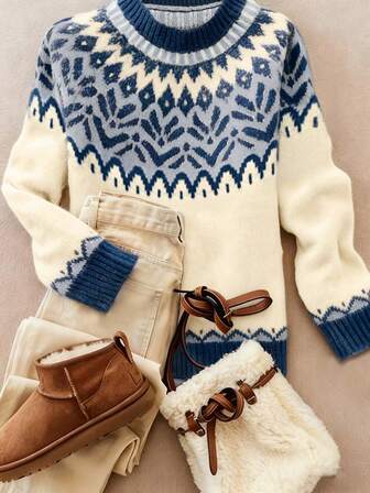 2025秋冬新款女式休闲时尚圆领撞色几何图案针织套头衫