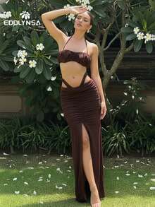 Women's Sexy Ruched Bandeau Swimsuit Bubble Strapless 3 PiecesBikini Sets White High-Cut Maxi Skirt Swimsuit Luxury Resort Wear Beach Outfit