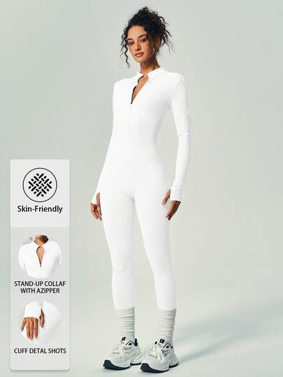 UONNOU 1-Piece Jumpsuit, Peach Color Butt-Lifting Slimming, Full Body Shaping, Half-Zip Collar, Long Sleeve With Thumb Hole, Suitable For Sports, Skiing, Cycling, Fitness, Yoga, Indoor/Outdoor Activities, Casual Wear, Seamless Ribbed Knit Fabric, Autumn/Winter
