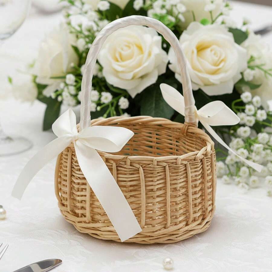 Women Flower Basket Elegant Rustic Bows Large Capacity Lightweight Portable Basket For Storage - White - View 1
