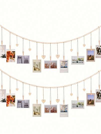 1 Set Bohemian Style Collage Photo Frame Set With Display Stand, Wooden Bead Hanging Photo Display Rack, Suitable For Dorm, Classroom, Bedroom Decor, Birthday & Graduation Gift
