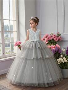 Tween Girls V-Neck Lace Sequin Layered Mesh Elegant Luxurious Ball Gown Dress, Suitable For Birthday Party, Excluding Headband - Grey - View 1