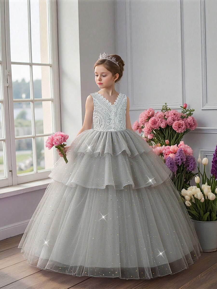 Tween Girls V-Neck Lace Sequin Layered Mesh Elegant Luxurious Ball Gown Dress, Suitable For Birthday Party, Excluding Headband - Grey - View 1