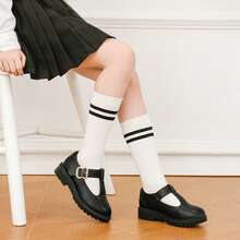 Girls Shoes School Mary Jane Uniform Dress Shoes Kids Loafers T-Strap Flats - 黑色 - 查看 3