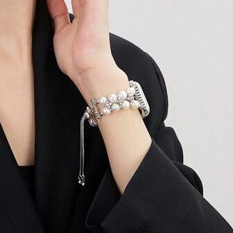 LuLuTom 1条奢华珍珠钻石手链表带，兼容 S11/S10/9/8/7/6/SE/5/4/Ultra 2/3，兼容表带尺寸：49mm（S10/S11）、46mm、45mm、44mm（S10/S11）、42mm、41mm、40mm、38mm，时尚闪亮表带，兼容，精致休闲时尚女士手表配件，智能手表表带/表链