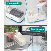 Conjunto de Dispenser de Sabão de Cozinha, Conjunto de Sabonete Líquido para as Mãos e Louça, Organizador de Pia de Balcão com Suporte para Esponja, Suporte para Pano, Escorredor e Suporte para Escova, Garrafas Recarregáveis para Cozinha e Banheiro, Utensílios Práticos de Cozinha, Decoração Moderna para Casa - Multicolorido - Visão 6