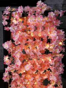 一套亮粉色樱花藤蔓装饰，适用于卧室、派对、婚礼、感恩节、四季皆宜、家居、壁炉、楼梯、栏杆、窗帘、新年、春季装饰[1株藤蔓+1串灯] 电池供电[不含电池]，情人节、生日、毕业礼物