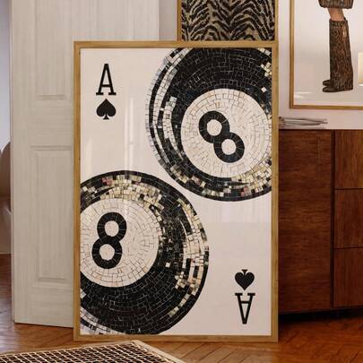1pc Frameless Ace 8-Ball Print, Super Lucky Billiards Poster, Minimalist Bar Cart Decor With Black And White Aesthetics, Vintage Game Room Wall Art, Suitable For Living Room, Bedroom, Dorm, Fun Poster, Decoration, Wall Hanging