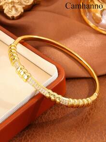 Camhanno 1pc Golden Jewelry Set Striking Copper Bracelet For Party: The Bead-Segment And Inlaid Design Is Full Of Charm In Social Occasions, Showing A Unique And Luxurious Style That Catches Everyone's Eyes Instantly. - Multicolor - View 1