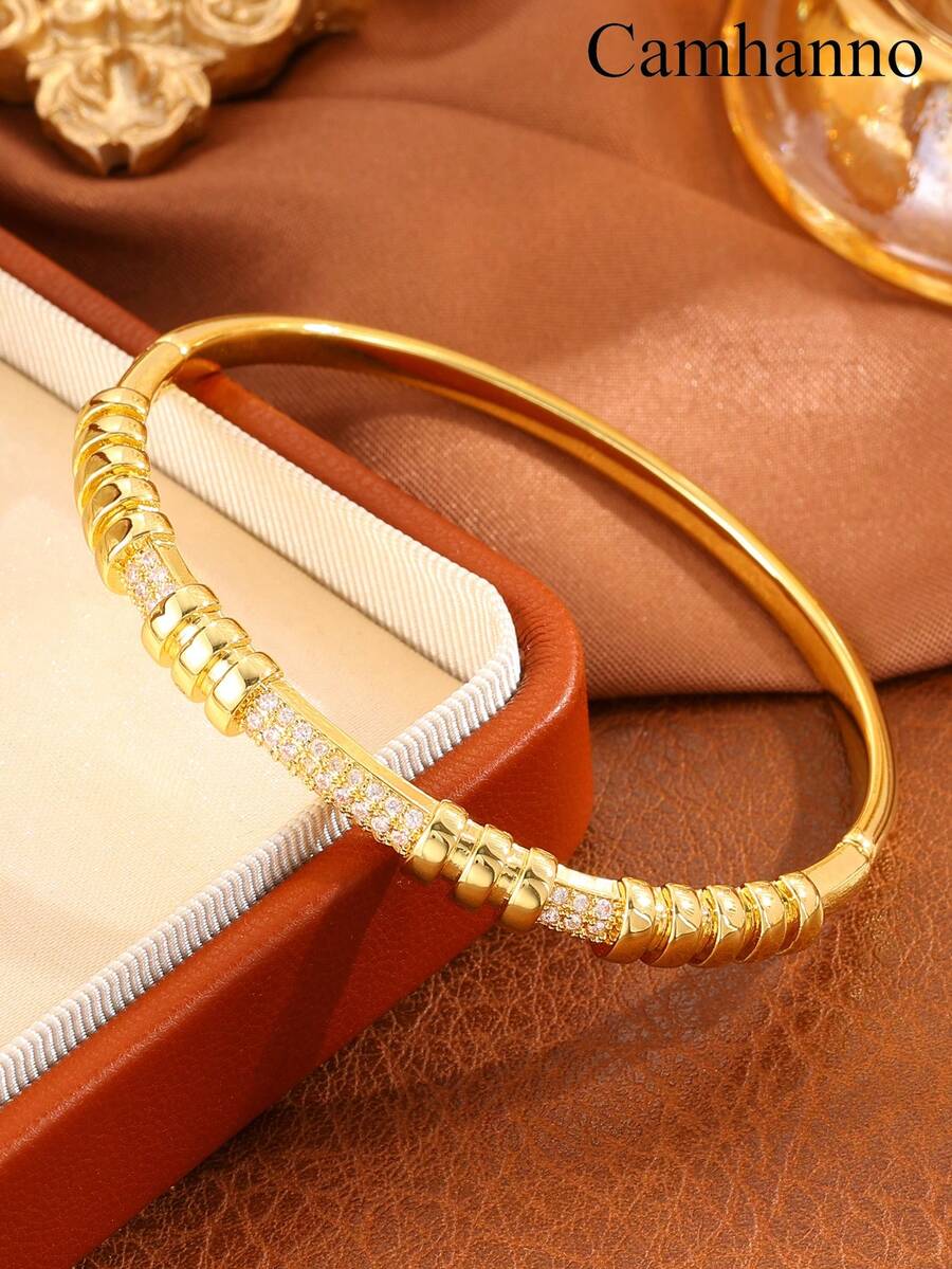 Camhanno 1pc Golden Jewelry Set Striking Copper Bracelet For Party: The Bead-Segment And Inlaid Design Is Full Of Charm In Social Occasions, Showing A Unique And Luxurious Style That Catches Everyone's Eyes Instantly. - Multicolor - View 1