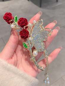 1pc Lady's Alloy Rhinestone Tassel Butterfly & Rose Hair Claw Clip Suitable For Daily Dressing Elegant Valentine's Day Valentines Hair Clips Hair Jaw Clip Hair Clamps Hair Clutch Hair Catcher Clip Fall Winter Hair Accessories For Women For Vacation Outfits Woman Flower Hair Clip Valentines Gift Summer - Gold - View 4