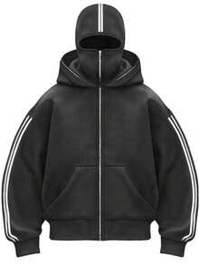 Oversized Long-Length Zip-Up Sweatshirt With Balaclava, Side Stripes, Face Covering, Fleece&Warth, Placket&Pocket, For Fall/Autumn&Winter&Spring, For Holiday/School/Office/Home/Daily/Street/Photoshoot/Airport/Travel, Simple/Y2K/Casual/Preppy/Street/Office