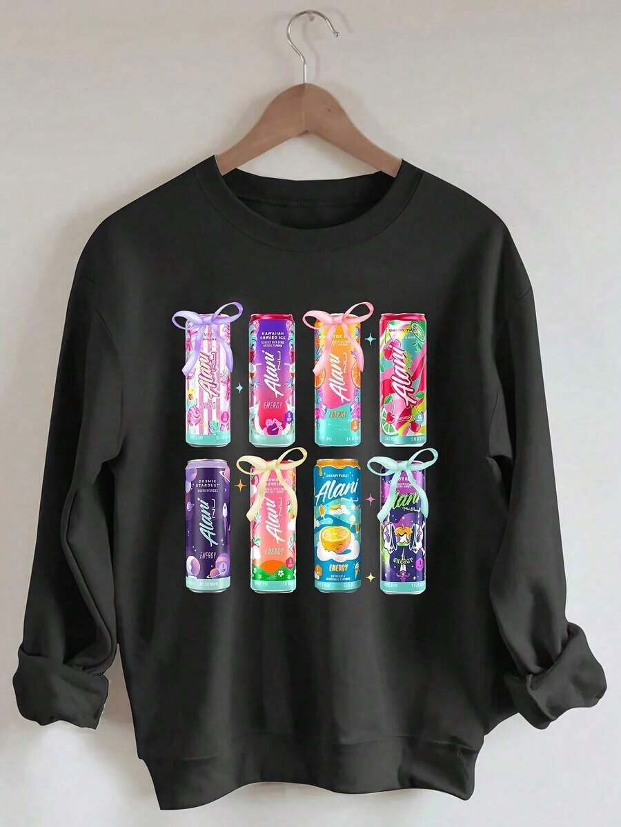 Alani Graphic Print Sweatshirt Women's Alani Graphic Print Sweatshirt Short Sleeve Crew Neck Casual Top With Vibrant Cartoon Design Soft Polyester Blend Perfect For FallWinter Casual WearPlayful DesignComfortable FitWomen's Hoodie Holiday Limited Edition Spring New Arrivals Y2K Style Fashionable And Versatile Soft Fabric - 黑色 - 查看 1