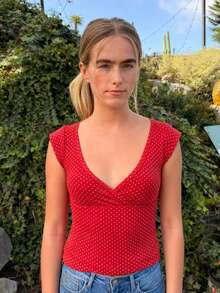 波点针织短袖上衣，适合度假、约会、日常穿着、生日派对、旅行、春夏穿着。 - 紅色 - 查看 1