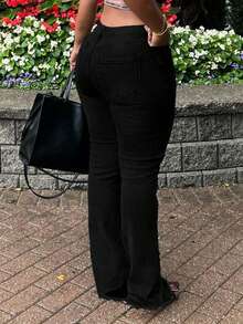 Versatile Washed Distressed Pocket Flare Jeans For Women, Suitable For Commuting, Casual Vacation, And Dating - Black - View 6