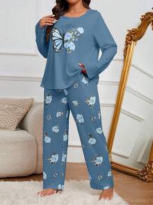 2 piezas Conjunto de pijama con estampado de mariposa para mujer talla grande - Azul - Ver 4