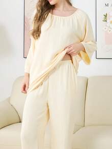 2pcs Women Sleepwear Set, Lace Trim Long Sleeve Top And Solid Color Pants, Autumn/Winter Pajamas