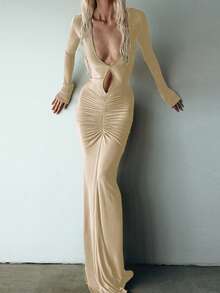 Sexy Deep V Crop Top High Waist Ruched Bodycon Long Sleeve Dress Spring Elegant - Apricot - View 3