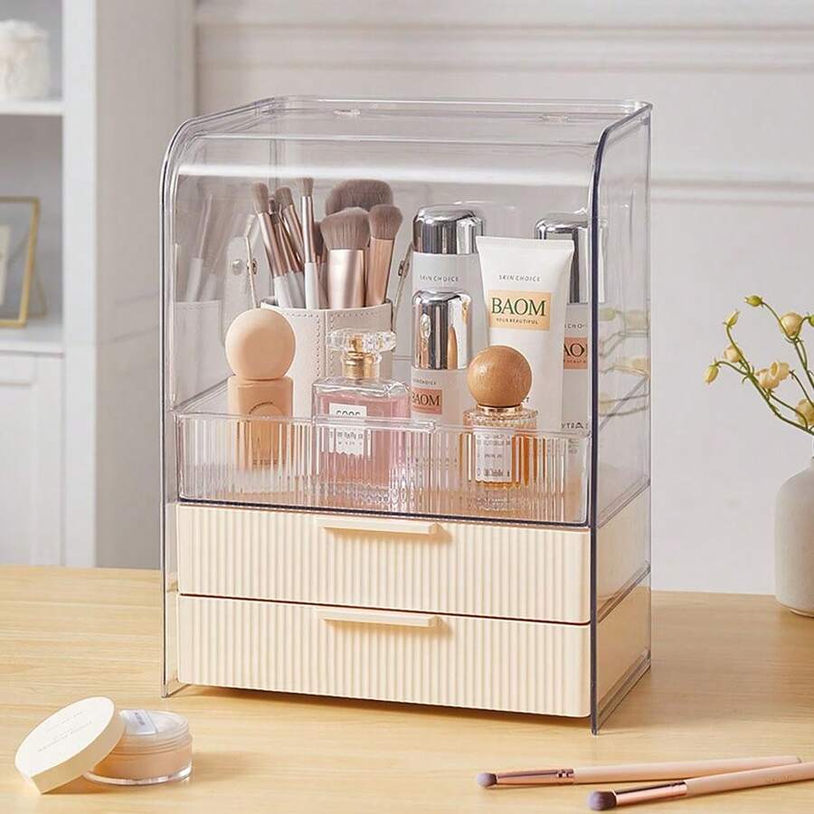 LIVINGANDHOME Living And Home 3-Tier Transparent Cosmetics Storage Organizer Cream/Transparent PET Plastic Dustproof Makeup Organizer With Drawers - Cream 25cm W X 18cm D X 33cm H - View 1