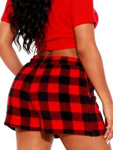 Womens Plaid Shorts Casual Elastic Waist Drawstring Mini Lounge Shorts With Pockets For Daily - Red - View 4