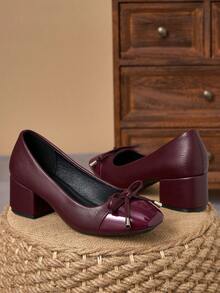 Mahogany Patent Two-Tone Textured Square Toe Bow Block Heel Pumps – 5cm - Redwood - View 1