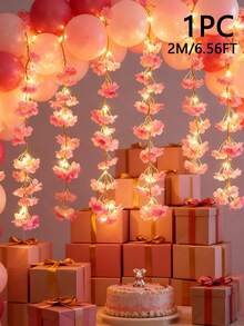 一套亮粉色樱花藤蔓装饰，适用于卧室、派对、婚礼、感恩节、四季皆宜、家居、壁炉、楼梯、栏杆、窗帘、新年、春季装饰[1株藤蔓+1串灯] 电池供电[不含电池]，情人节、生日、毕业礼物